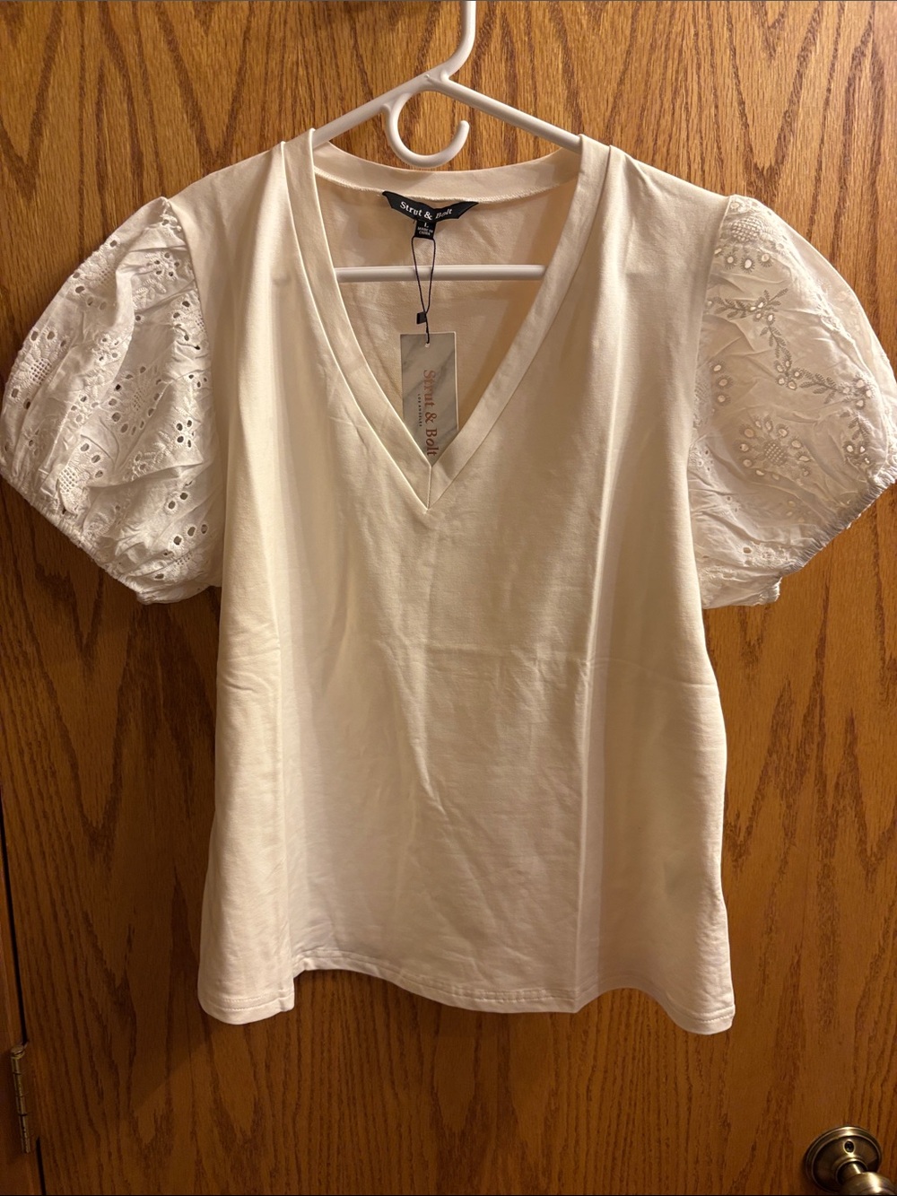 White Eyelet Puff Sleeve V-Neck Top